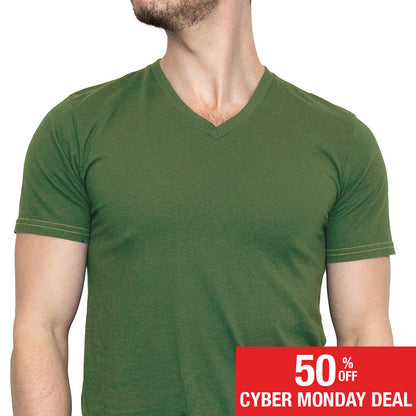 Army Green Cotton V-Neck Short Sleeve Tee - Made In USA (SIZE S)