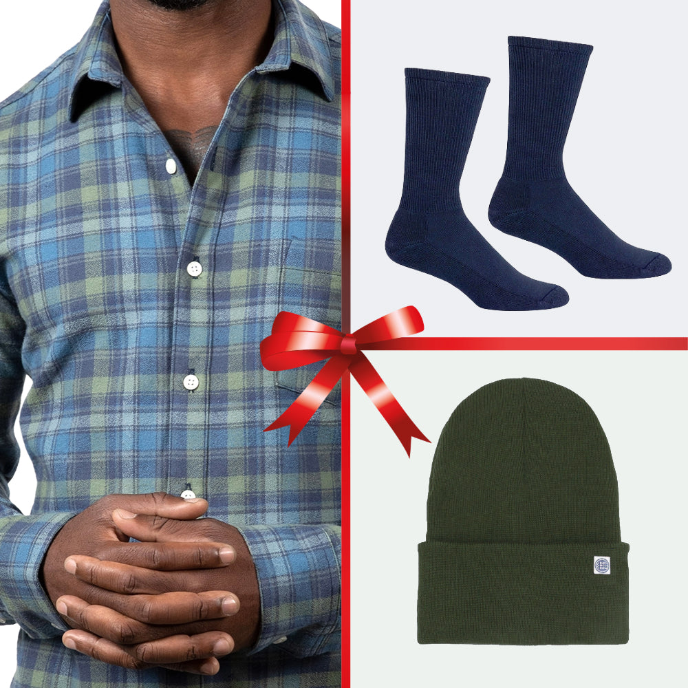 GIFT SET in Blue &amp; Green: Flannel, Hat &amp; Socks