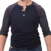 50% OFF AFTER CODE: WOW25 Burgundy & Navy Blue Contrast 3/4 Raglan Sleeve Tri-Blend Henley - Made In USA