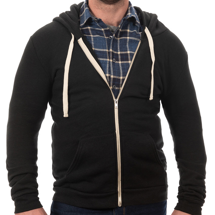 Black Heather Full Zip Hooded Tri-Blend Fleece Sweatshirt - Made in USA