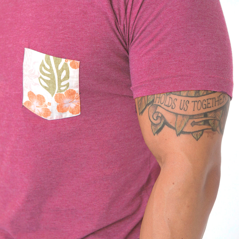 Raspberry Heather With Hawaiian Hibiscus Floral Pocket T-Shirt