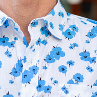 "SILVA" - White With Navy Scattered Floral Print Short Sleeve Shirt - Made In USA