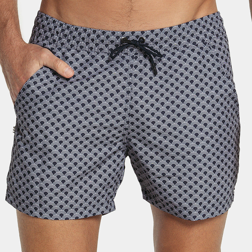Navy Wave Print 5" Inseam Swim Trunk