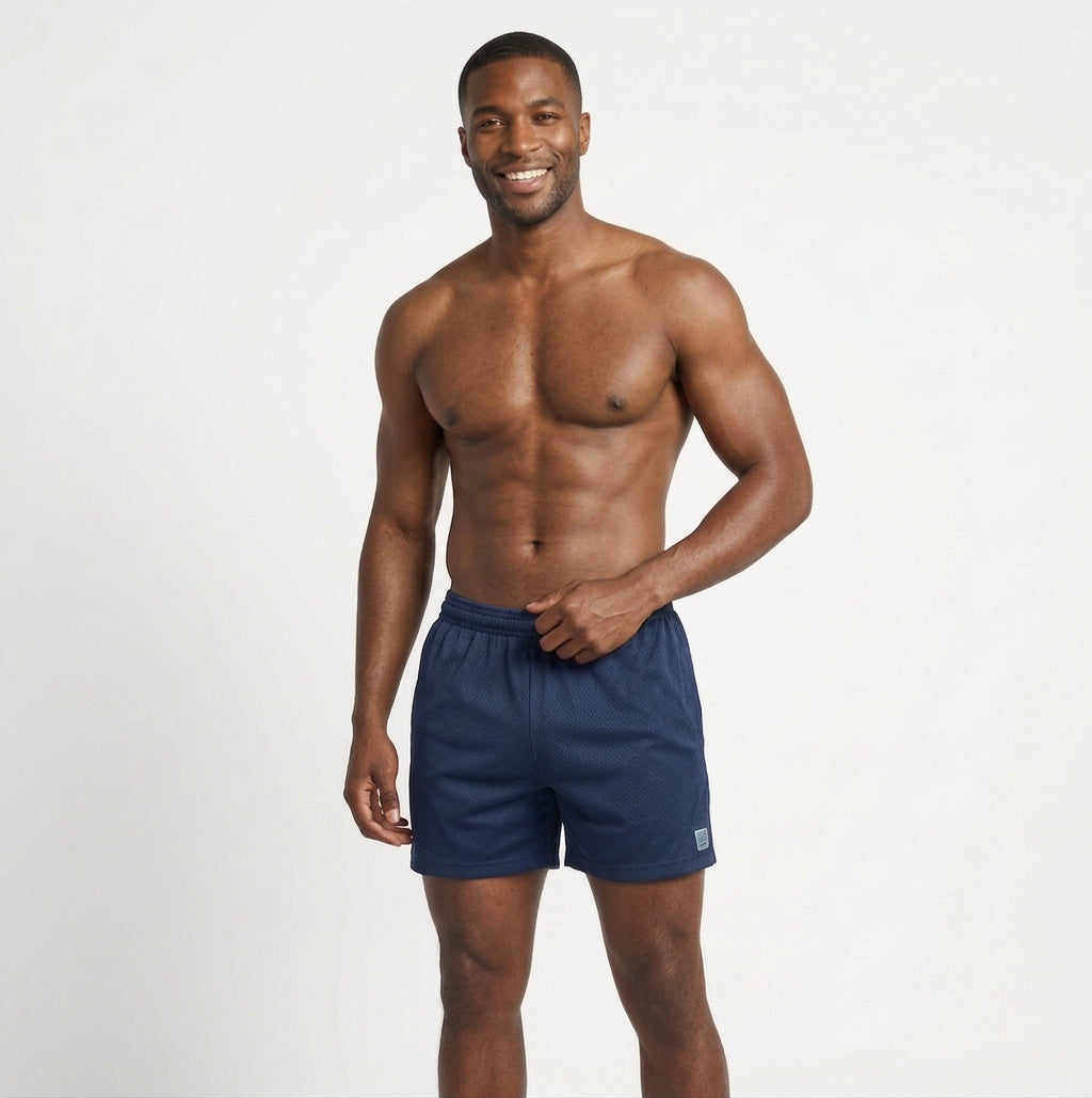 The Fender: Open Mesh 5" Basketball Shorts in Navy Blue - Made In USA