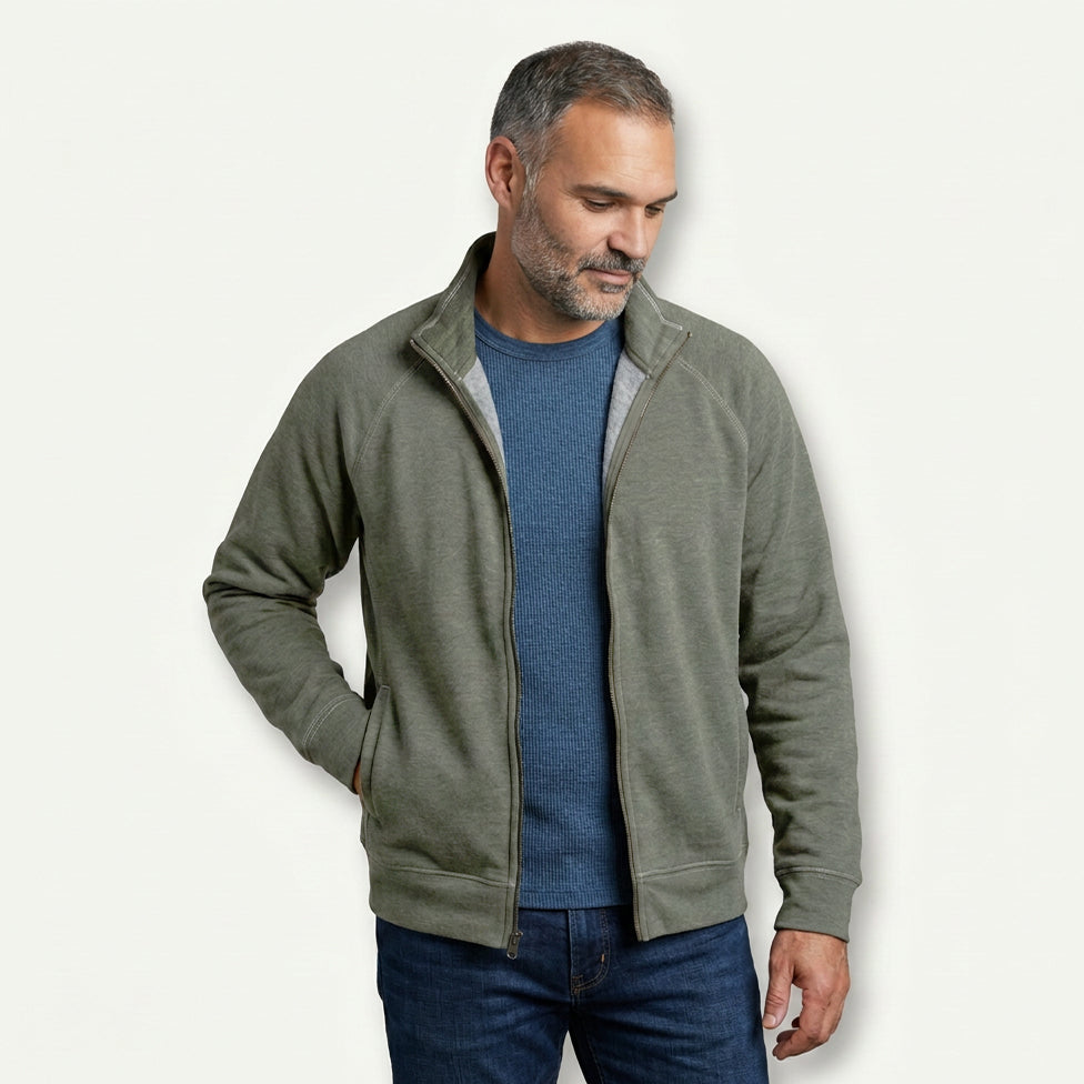 Olive Heather Full Zip Fleece Stand-Up Neck Collar Jacket