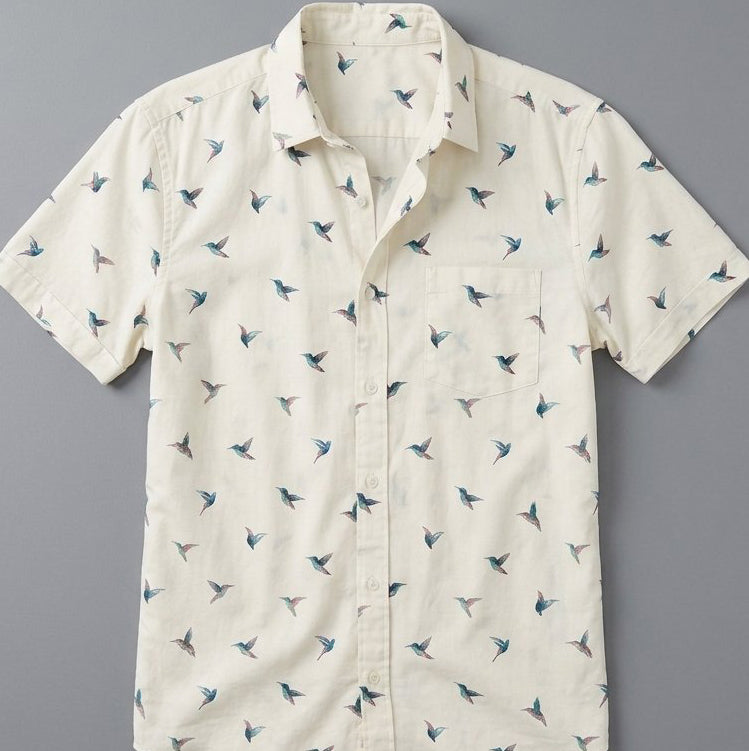 Sample Sale EPS50 : Cream Hummingbird Print Short Sleeve Shirt: Size SMALL