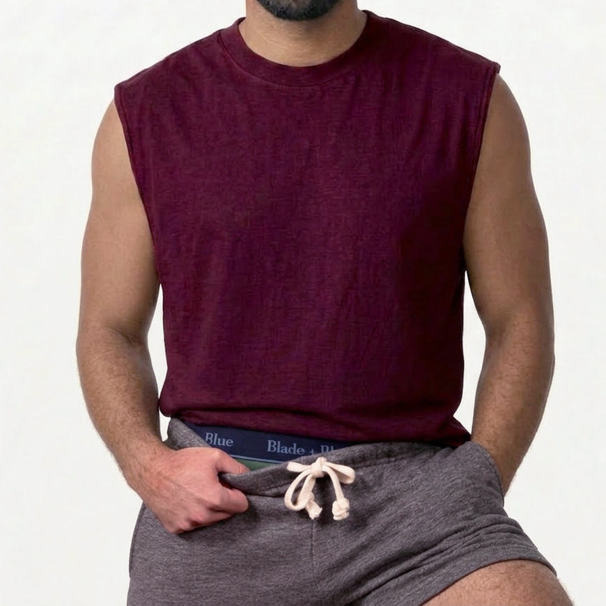 The "BOUNCER" Cotton Muscle Tank Top with Slight Crop in Overdyed Wine