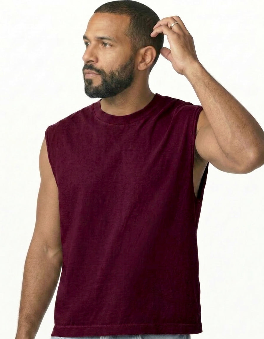 The "BOUNCER" Cotton Muscle Tank Top with Slight Crop in Overdyed Wine
