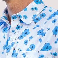 "SILVA" - White With Navy Scattered Floral Print Short Sleeve Shirt - Made In USA