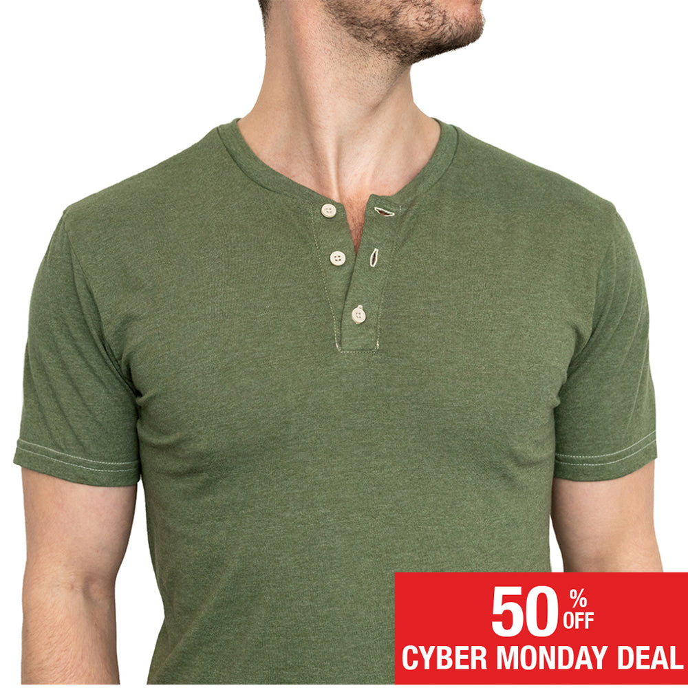 THE "SLUGGER" Short Sleeve Henley Tee in Army Green Heather (SIZE M)