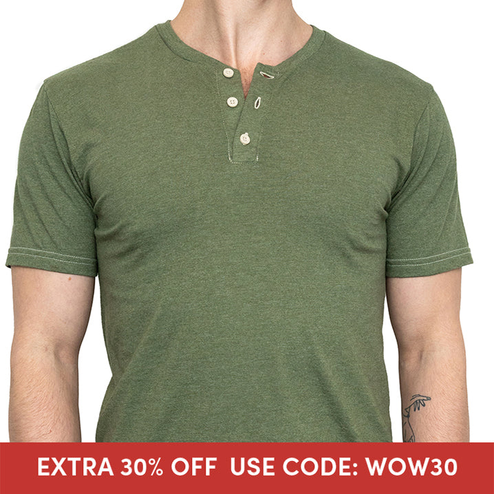 THE &quot;SLUGGER&quot; Short Sleeve Henley Tee in Army Green Heather