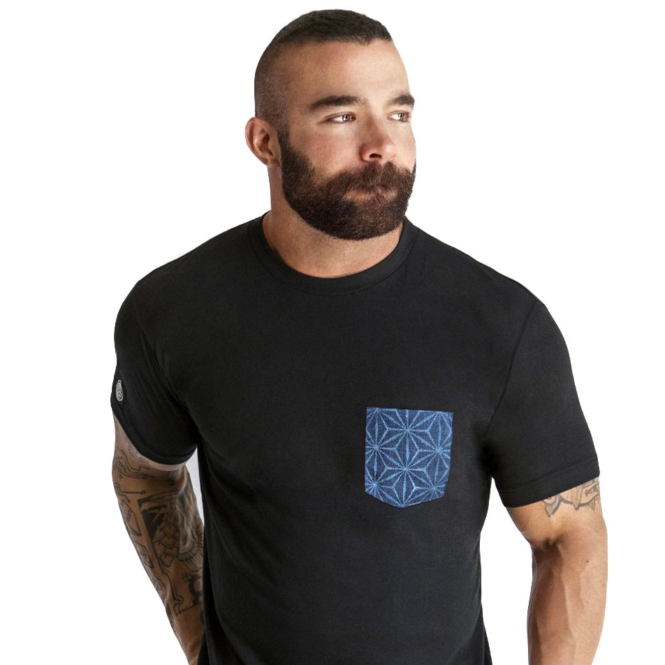 Black with Blue Japanese Starburst Print Pocket Tee - Made In USA