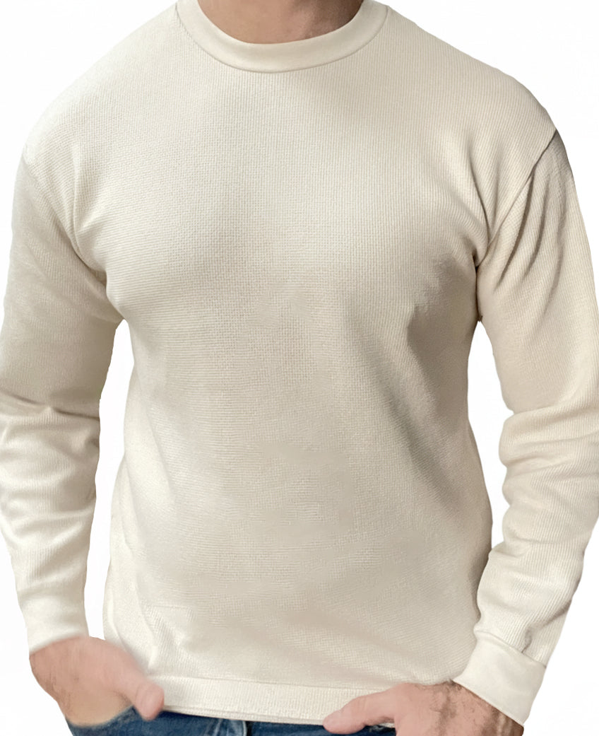 Heavyweight Cotton Army Surplus Sweater Stitch Crewneck in Cream