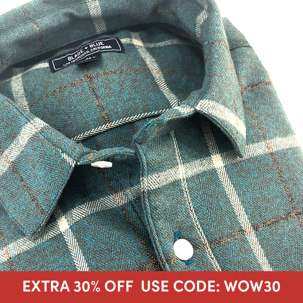 NICKELSON Long Sleeve Shirt in Brushed Cotton Teal Plaid Herringbone Weave Plaid (SIZE XL)