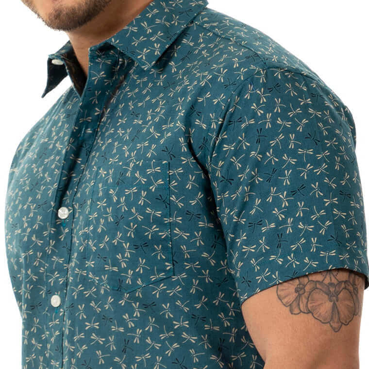 TEDDY Short Sleeve Shirt in Teal Green Japanese Dragonfly Print M TEDDY Short Sleeve Shirt in Teal Green Japanese Dragonfly Print M