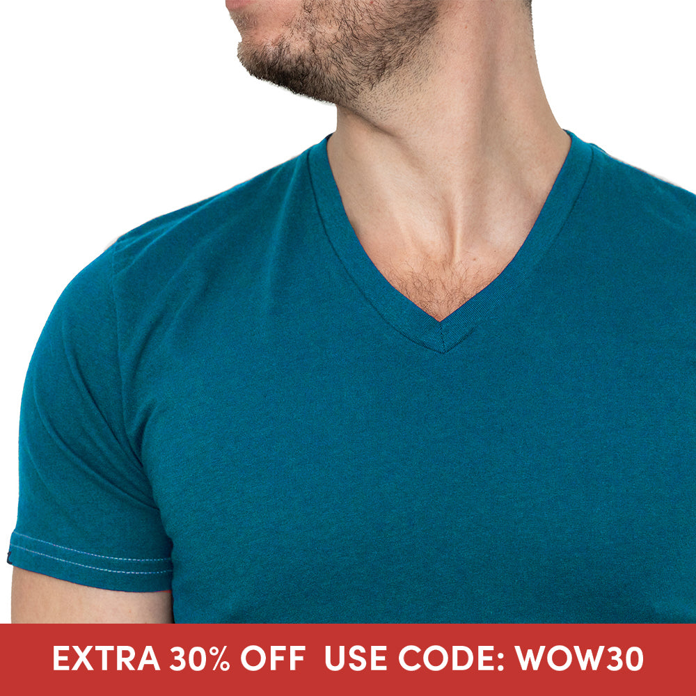 Teal Blue Cotton V-Neck Short Sleeve Tee - Made In USA