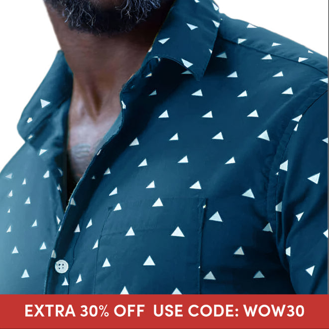 TIMO Short Sleeve Shirt in Peacock Blue Japanese &quot;Uroko-Inspired&quot; Print