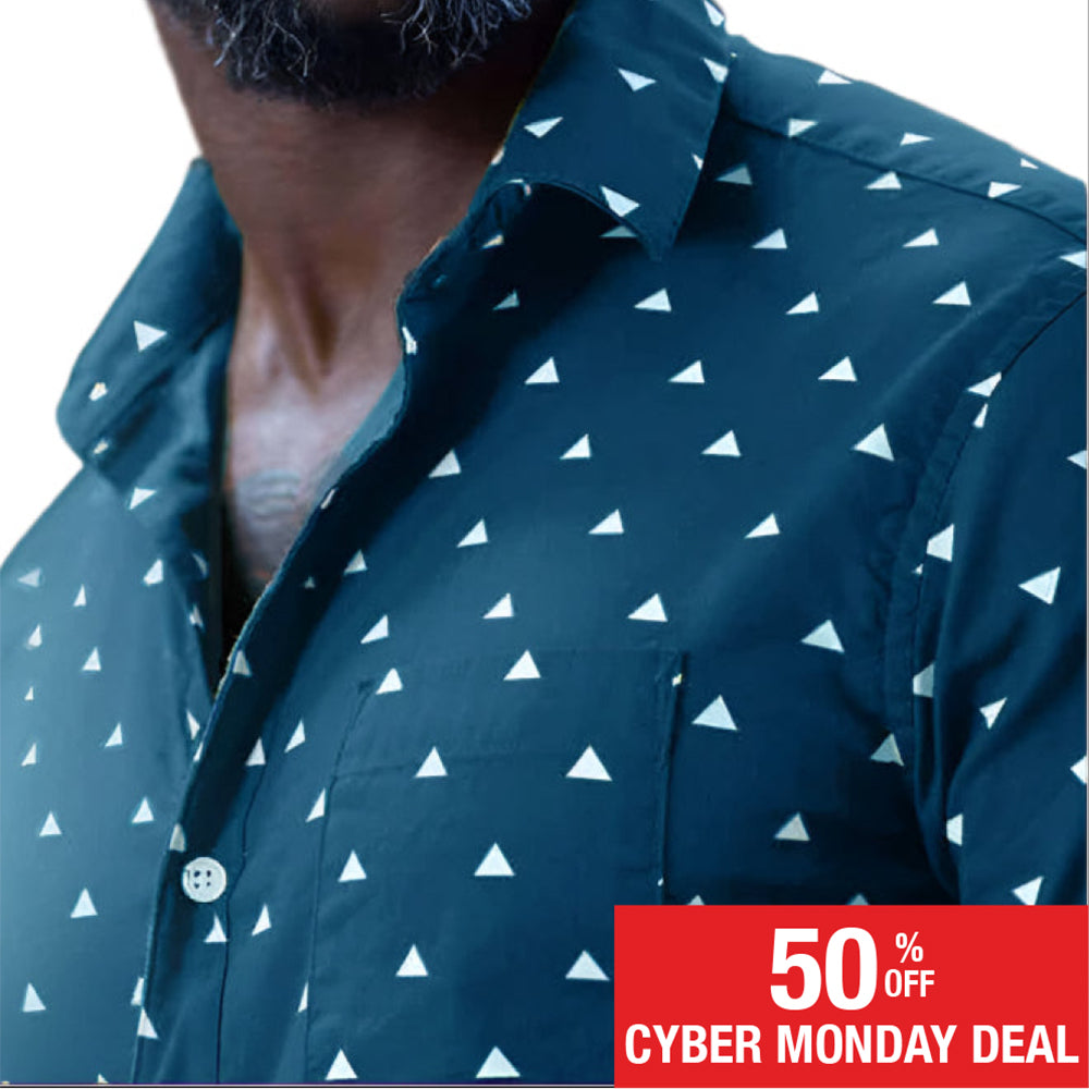 TIMO Short Sleeve Shirt in Peacock Blue Japanese "Uroko-Inspired" Print (Size S)