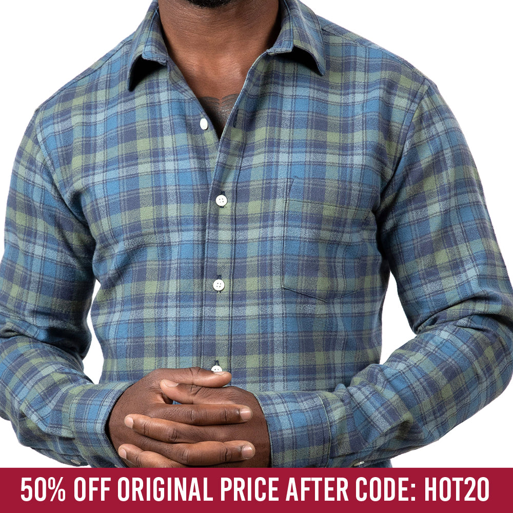 VAUGHN Long Sleeve Shirt in Brushed Organic Cotton Blue &amp; Green Flannel Plaid (SIZE M &amp; XXL)