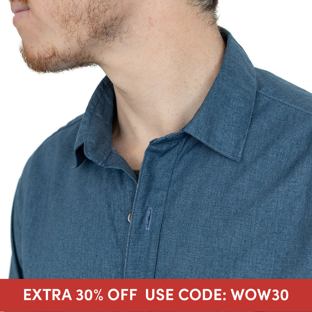 WALTON Long Sleeve Shirt in Blue All Over Japanese Solid Denim-Like Print