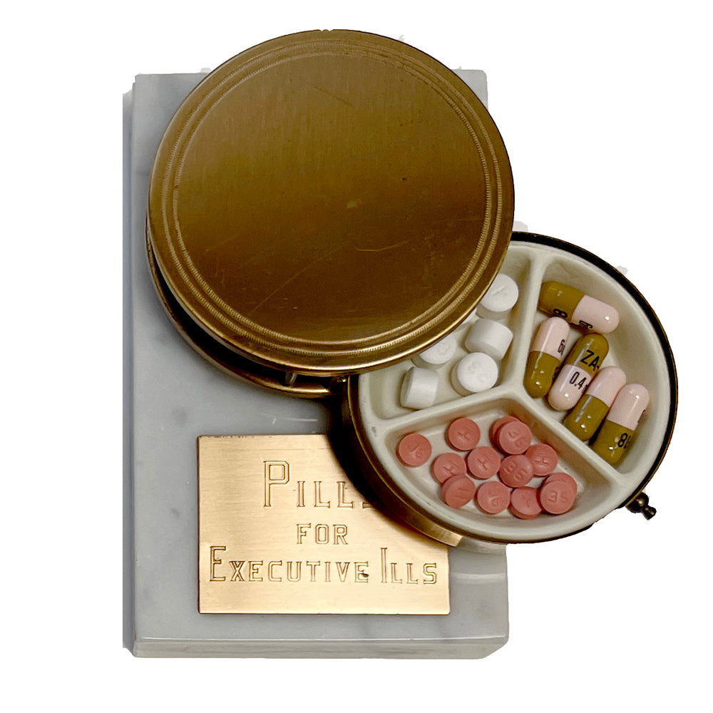 Vintage "Pills For Executive Ills" Marble And Metal Pill Box Container