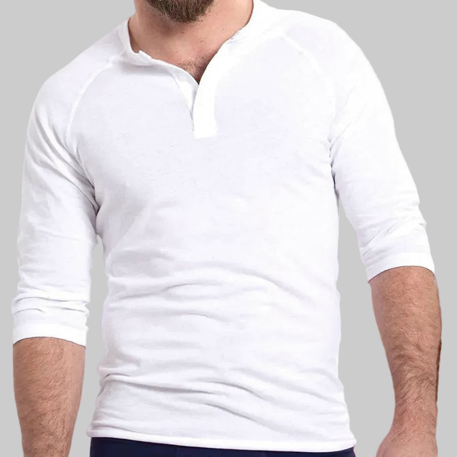 Solid White Cotton 3/4 Raglan Sleeve Henley - Made in USA