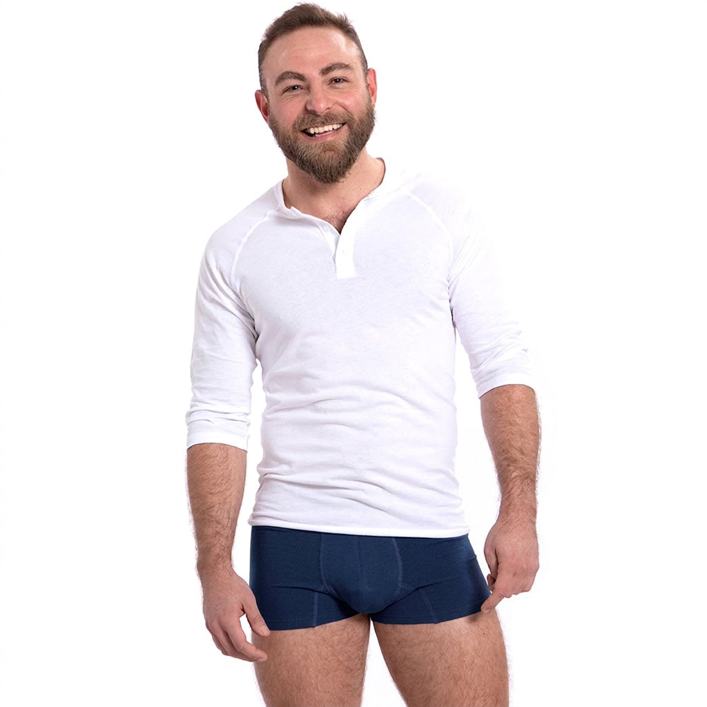 Solid White Cotton 3/4 Raglan Sleeve Henley - Made in USA