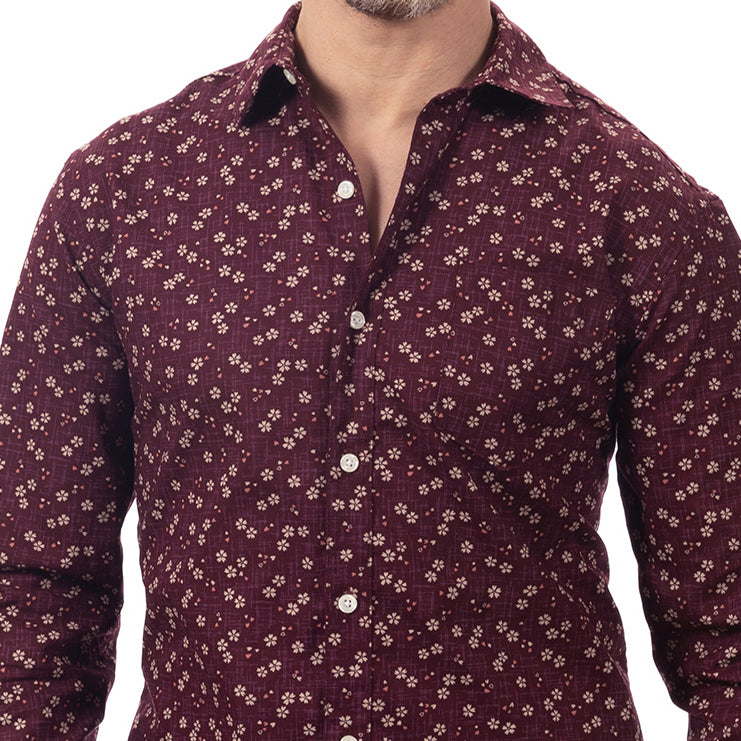&quot;DUNCAN&quot; - Mulberry Purple Traditional Japanese Mini Floral Print Long Sleeve Shirt - Made in USA