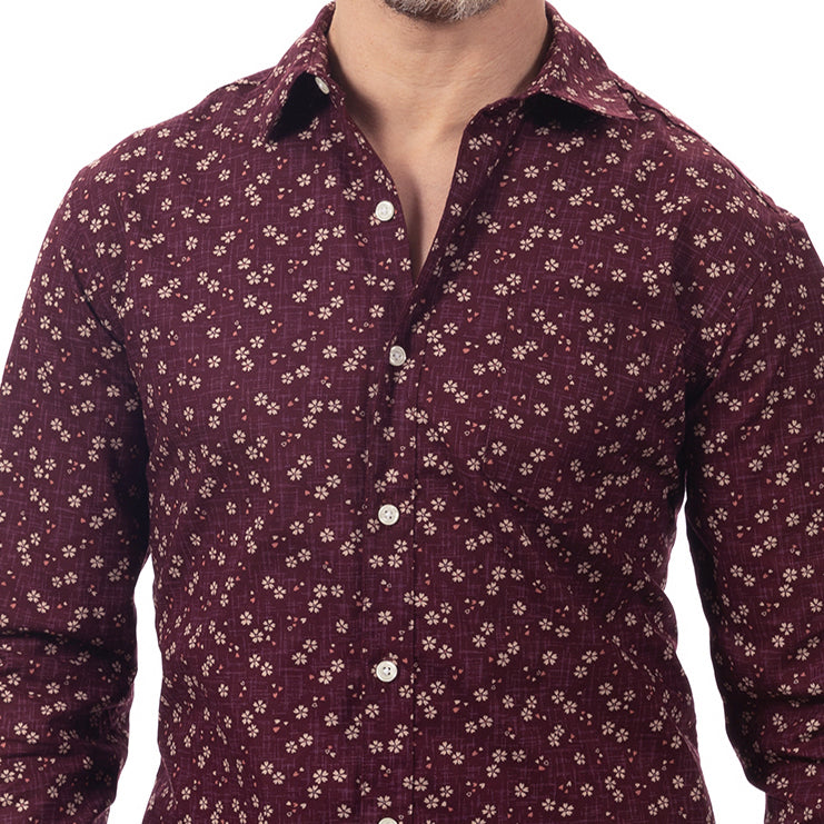 "DUNCAN" - Mulberry Purple Traditional Japanese Mini Floral Print Long Sleeve Shirt - Made in USA