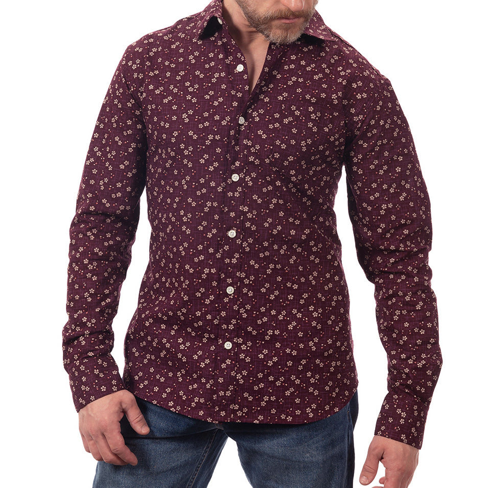 "DUNCAN" - Mulberry Purple Traditional Japanese Mini Floral Print Long Sleeve Shirt - Made in USA