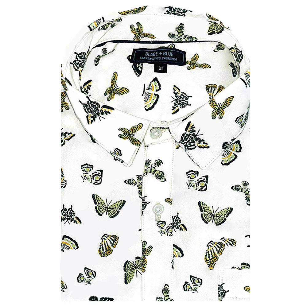 ELLIS Short Sleeve Shirt in Natural with Green Butterfly Print