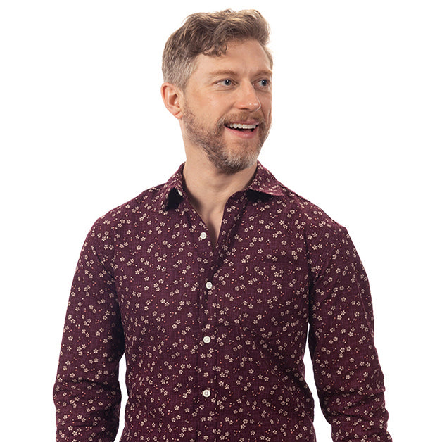 "DUNCAN" - Mulberry Purple Traditional Japanese Mini Floral Print Long Sleeve Shirt - Made in USA