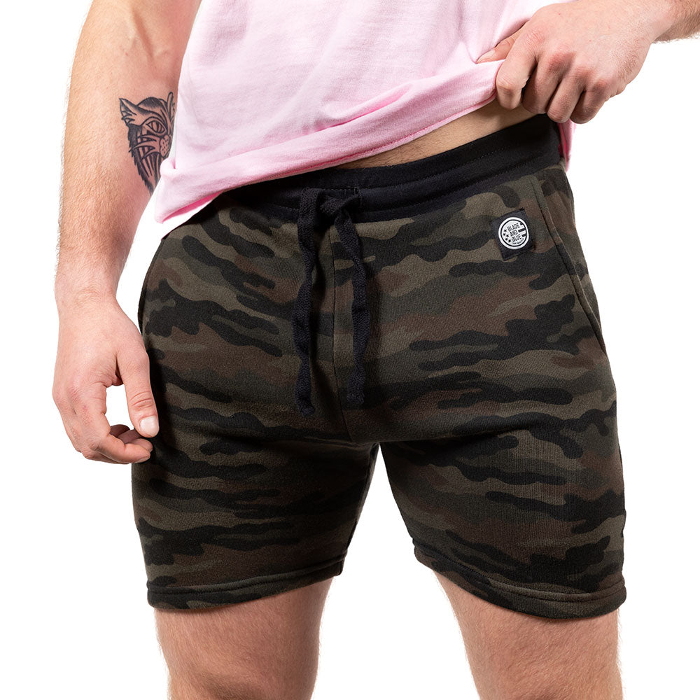 Olive Green Camouflage Hugger Sweat Shorts - Made In USA