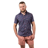 "JORDAN" - Blue & Red Cherry Print Short Sleeve Shirt - Made In USA