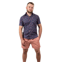"JORDAN" - Blue & Red Cherry Print Short Sleeve Shirt - Made In USA