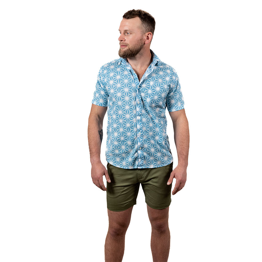 "JOPLIN" - Blue & White Graphic Japanese Asanoha Print Short Sleeve Shirt - Made In USA