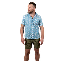 "JOPLIN" - Blue & White Graphic Japanese Asanoha Print Short Sleeve Shirt - Made In USA