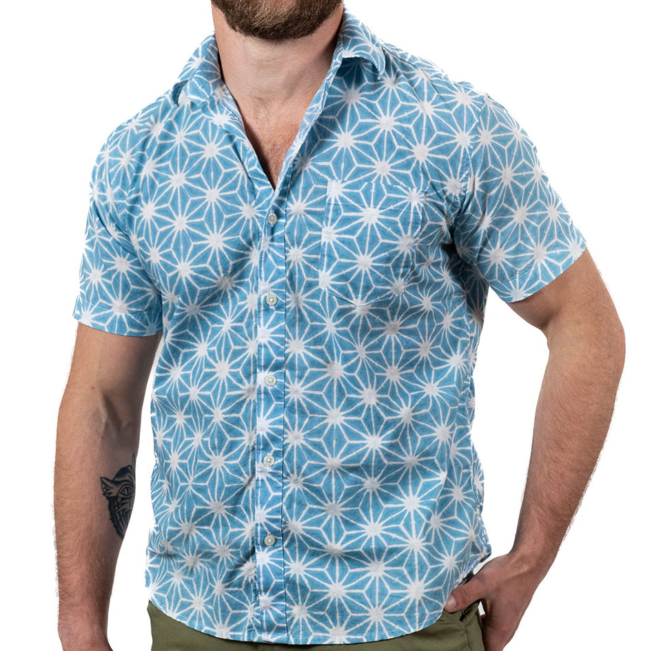 "JOPLIN" - Blue & White Graphic Japanese Asanoha Print Short Sleeve Shirt - Made In USA
