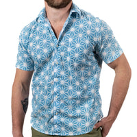 "JOPLIN" - Blue & White Graphic Japanese Asanoha Print Short Sleeve Shirt - Made In USA