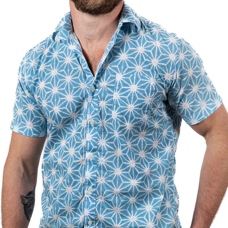 "JOPLIN" - Blue & White Graphic Japanese Asanoha Print Short Sleeve Shirt - Made In USA