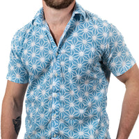 "JOPLIN" - Blue & White Graphic Japanese Asanoha Print Short Sleeve Shirt - Made In USA
