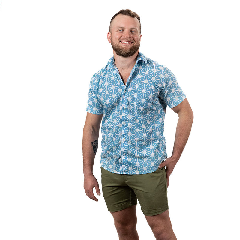 "JOPLIN" - Blue & White Graphic Japanese Asanoha Print Short Sleeve Shirt - Made In USA
