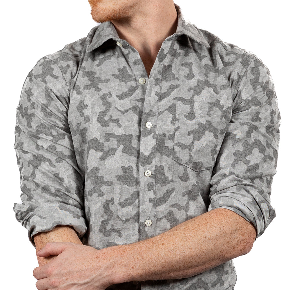 60% OFF AFTER CODE NEWFALL: "ARTHUR" - Tonal Grey Camouflage Brushed Cotton Shirt - Made In USA