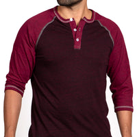 50% OFF AFTER CODE WOW25: Burgundy & Cranberry Contrast 3/4 Raglan Sleeve Henley - Made In USA