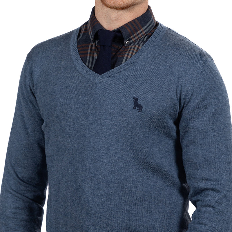 Blue-Grey Heather Fine Gauge Cotton V-Neck Sweater