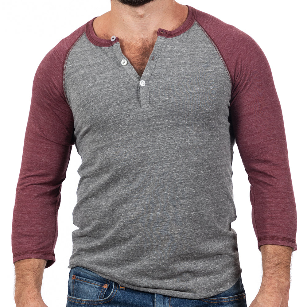 75% OFF AFTER CODE:WOW25 Burgundy & Heather Grey Contrast 3/4 Raglan Sleeve Tri-Blend Henley - Made In USA