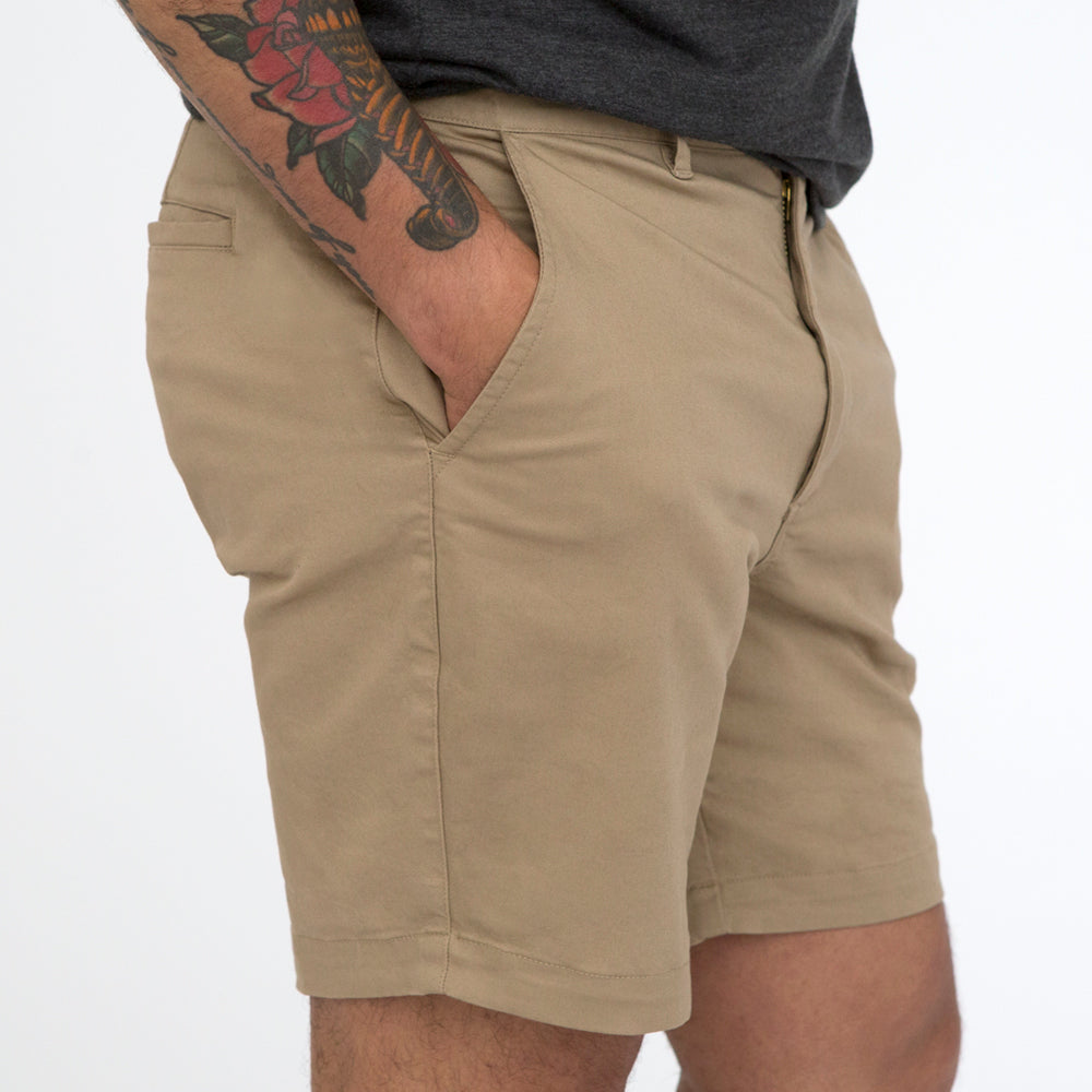 BACK IN STOCK SOON WAITLIST AVAILABLE! Khaki Cotton Stretch Twill Shorts - Made In USA