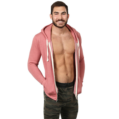 Dusty Rose Pink Full Zip Hooded Tri-Blend Fleece Sweatshirt - Made in USA