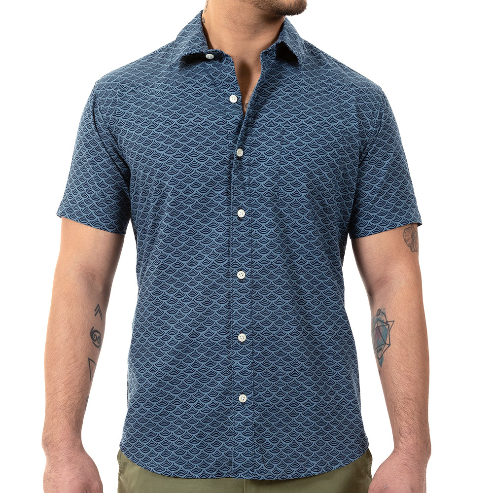 &quot;NOLAN&quot; - Tonal Blue Traditional Japanese Wave Print Short Sleeve Shirt - Made In USA