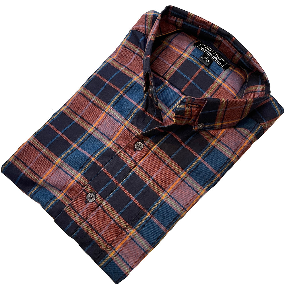 "TENNANT" - Blue, Burgundy & Copper Plaid Brushed Cotton Shirt - Made In USA